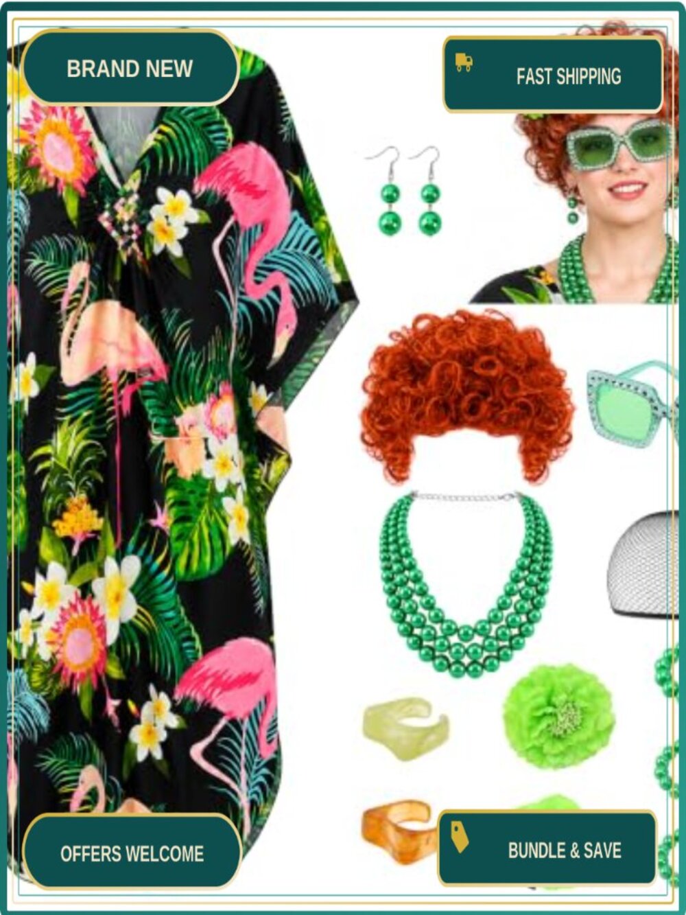 Halloween Landlady Costume Caftan Dress Curly Wig Jewelry Sunglasses Set
